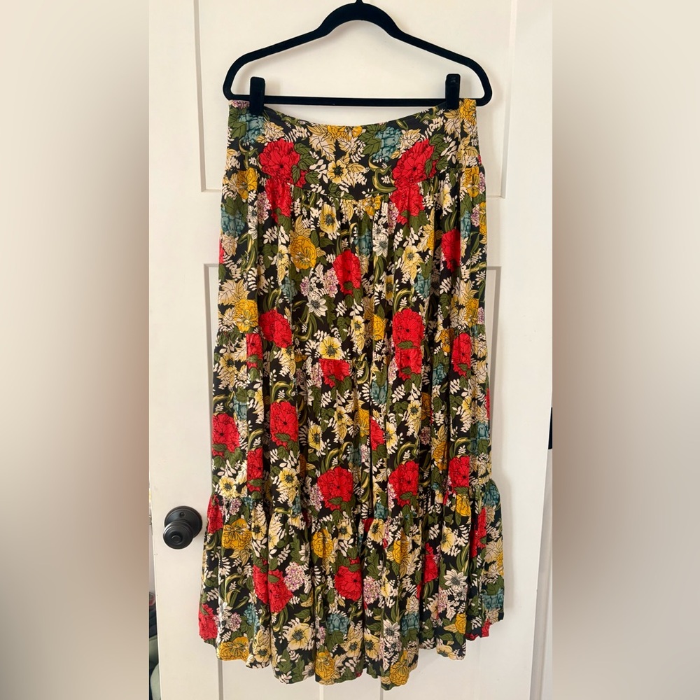 NATURAL LIFE Olive Floral Maxi Skirt with Red & Yellow Blooms - Picture 1 of 4